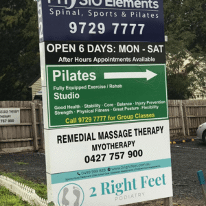 The signage board you see when you pass by 552 Mt Dandenong Rd Kilsyth Physio Elements Fully Equipped Exercise Rehab Studio Spinal Sports Pilates